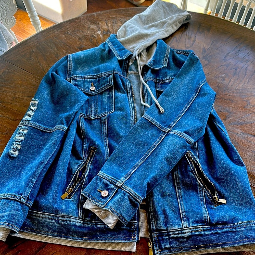 Hooded Distressed Jean Jacket